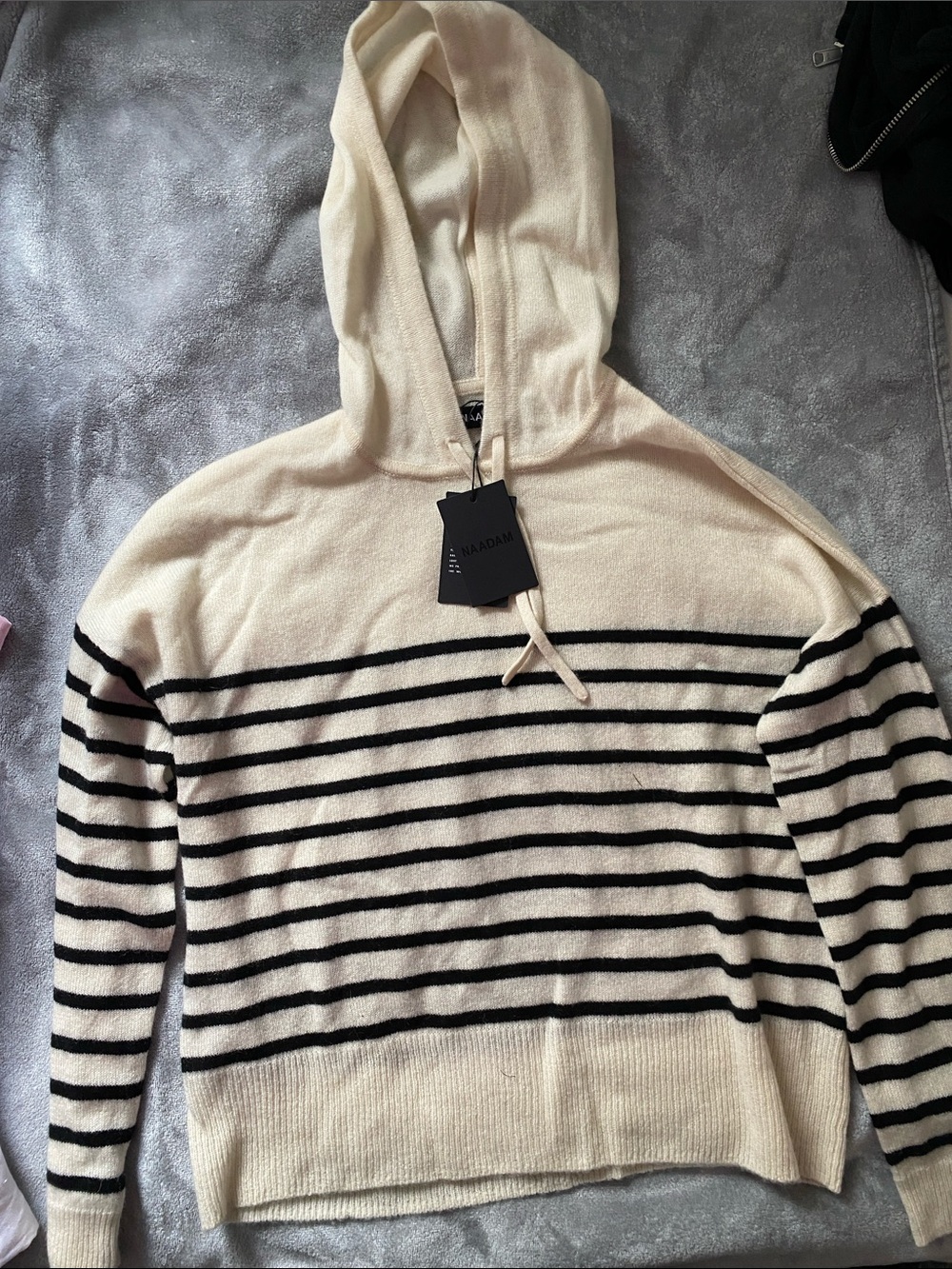 NAADAM CASHMERE Cream & Black Striped Hooded Sweater